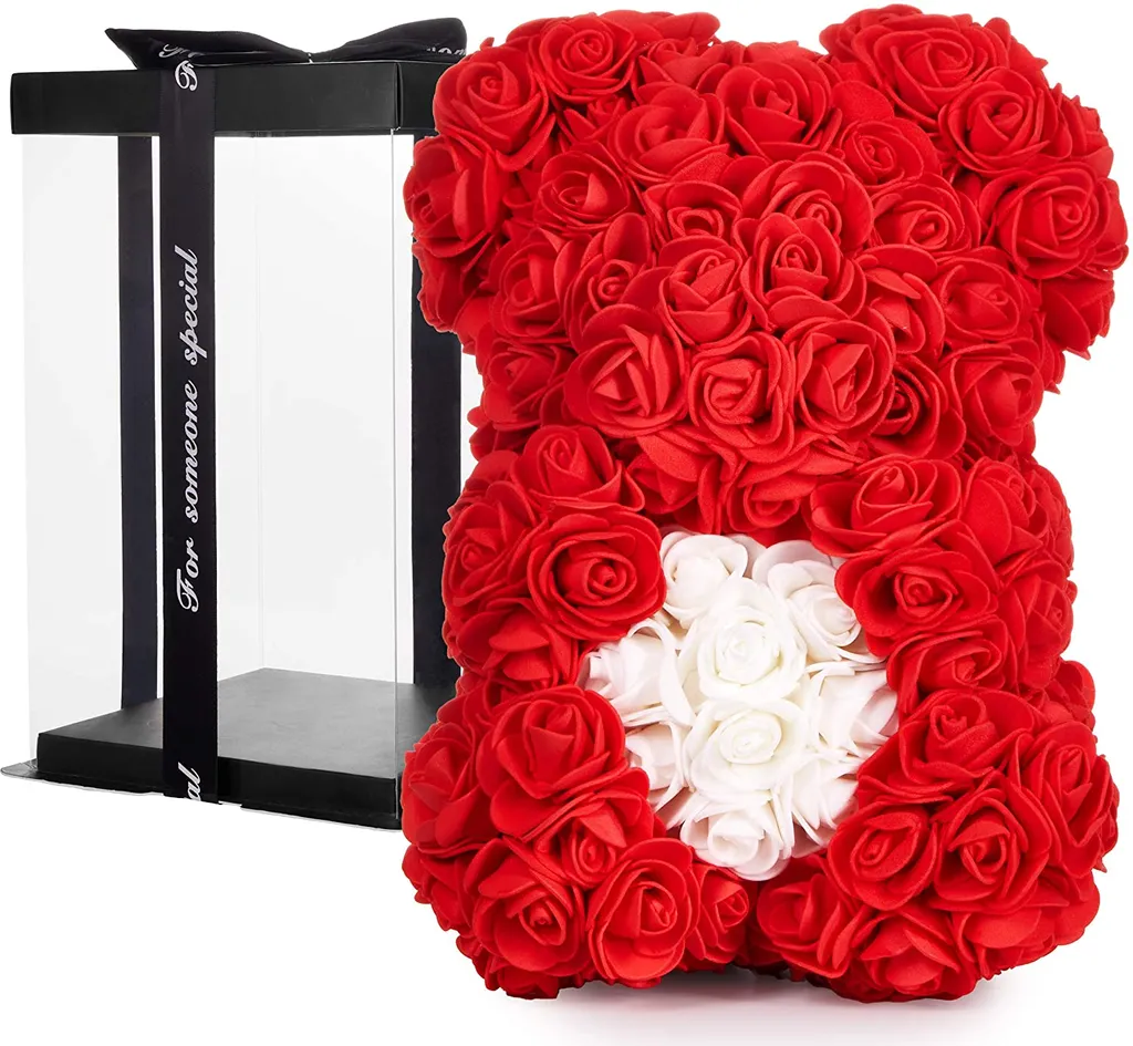 BRUBAKER Ours en Rose Rouge 25 cm avec Cœur Blanc et Boîte Cadeau