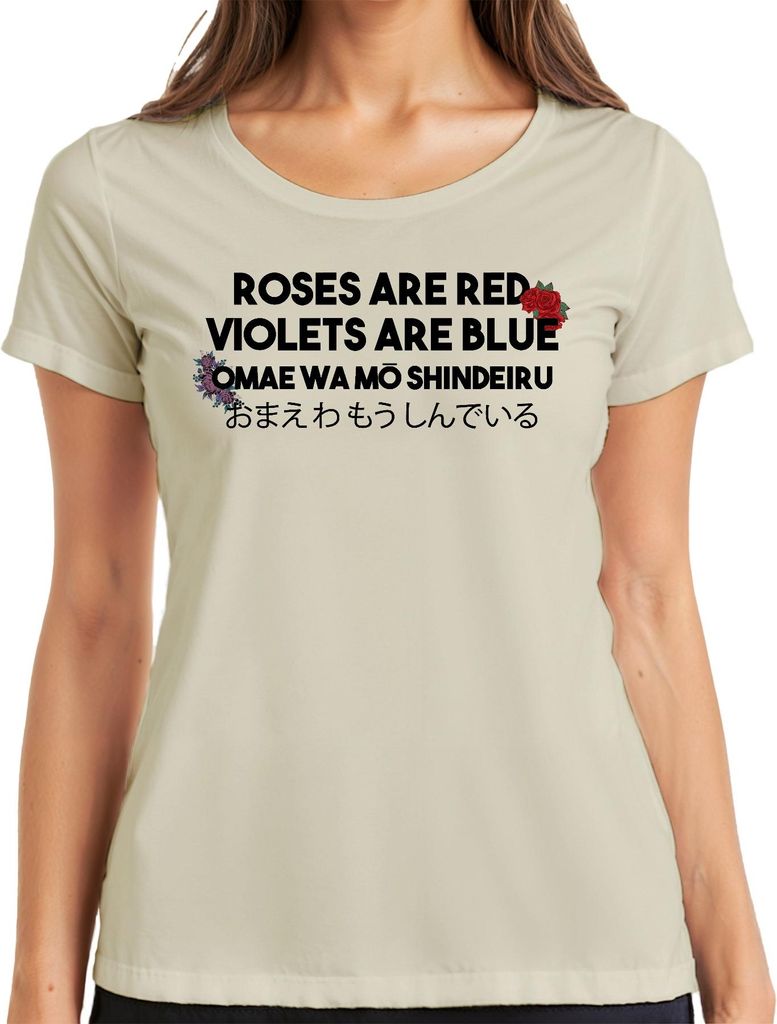 OMAE WA MŌ SHINDEIRU ROSES ARE RED Anime Otaku Japanisch Meme Damen T-Shirt, Natur, L