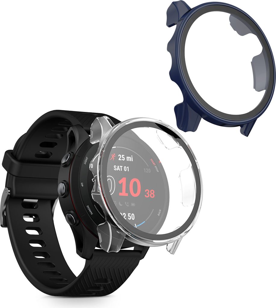 kwmobile 2x Cover kompatibel mit Garmin Forerunner 255 / 255 Music Hülle - Fullbody Fitnesstracker Case Set aus Glas - Transparent Dunkelblau