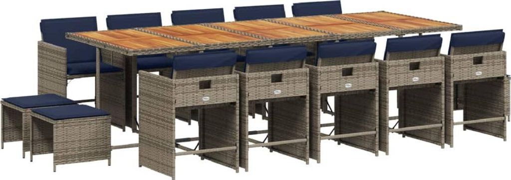 vidaXL 15-teiliges Garten-Ess-Set mit Kissen, grau, Polyrattan
