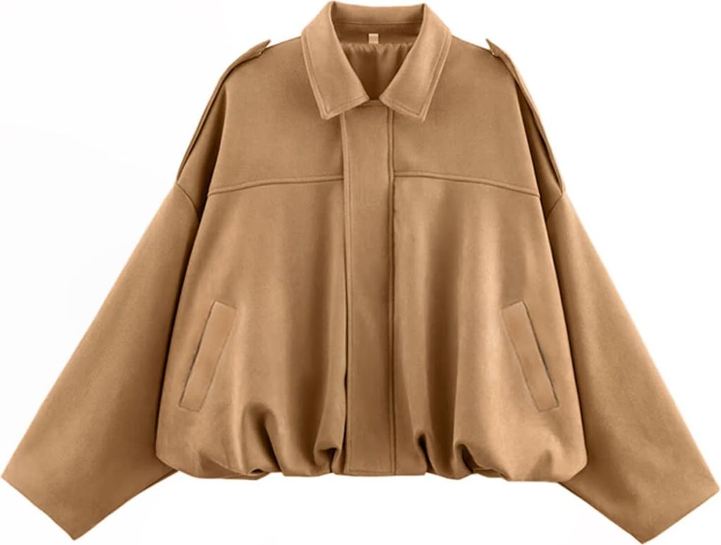 ASKSA Damen Jacke Wildlederjacke Kurz Oversized Bomberjacke aus WildKunstleder Revers Herbst Streetwear Winterjacke (Khaki,S)