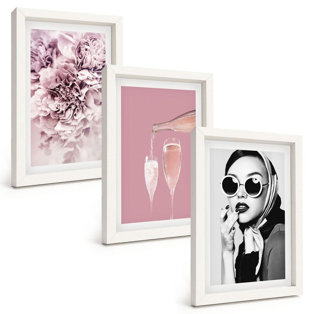 Bilder Set 3-teilig im weißen Rahmen – Wandbilder 3 Stück – gerahmte Poster für Wohnzimmer, Schlafzimmer und Flur – 20x30 cm – Rosenblü...