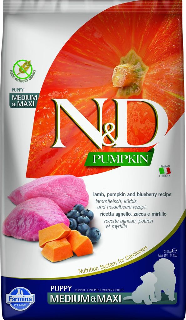 Farmina N&D 2, 5kg Puppy Med/Maxi Lamm, Kürb & Heidelbeere Produktbild 