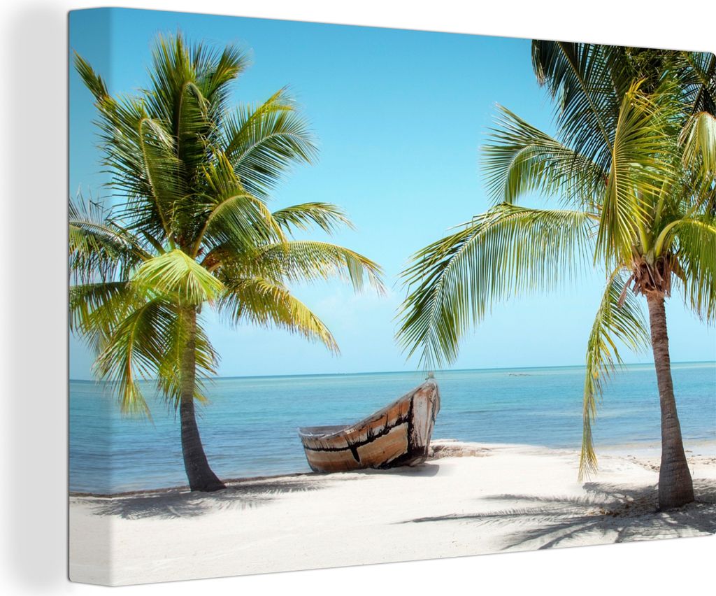 OneMillionCanvasses - Leinwandbilder - 140x90 cm, Palme - Boot - Strand, Wandbilder Kunstdruck Wanddekoration - Foto auf Leinwand - Gemälde auf ...