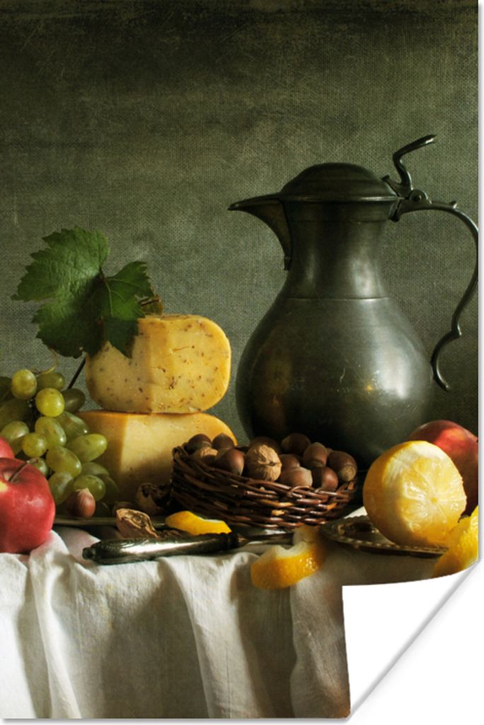 MuchoWow Poster Rustikal - Käse - Teekanne - Obst - Stilleben 20x30 cm - Papierdruck