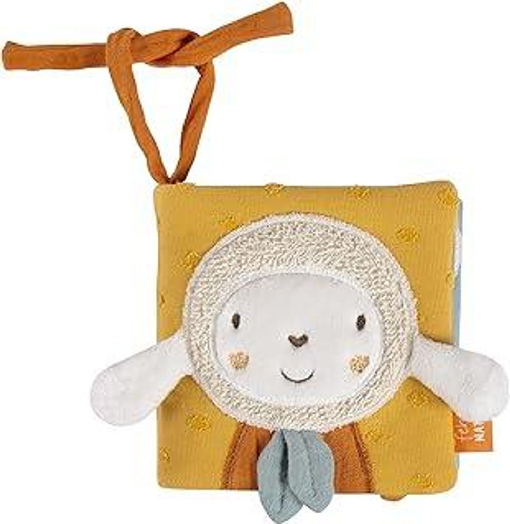 Fehn Fühlbuch Schaf fehnNATUR - Buggybuch aus Stoff - Babyspielzeug Buch mit Quietsche, Raschelpapier und Spiegel - Babybuch mit Befestigungsschn...