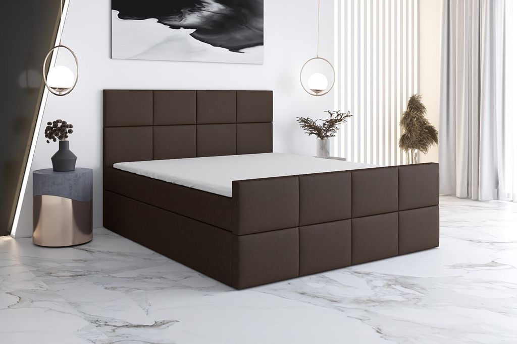 Boxspringbett CAPRIO 140x200 mit 2 Bettkästen, Bonell-Matratze und Topper. Farbe: Braun