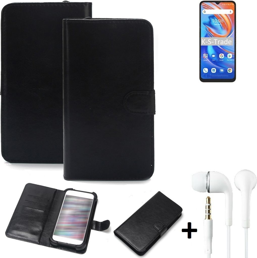 K-S-Trade Wallet Case Handyhülle kompatibel mit UMIDIGI A13 Schutzhülle Flip cover Flipstyle Tasche Hülle Flipcover Slim Bumper schwarz + in ear