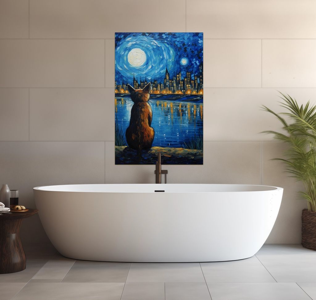 Wallario wasserfestes Poster selbstklebend 91,50 x 61 cm, Katze im Mondschein, Badezimmerposter Spritzschutz mit Hochglanzoberfläche in Glasoptik