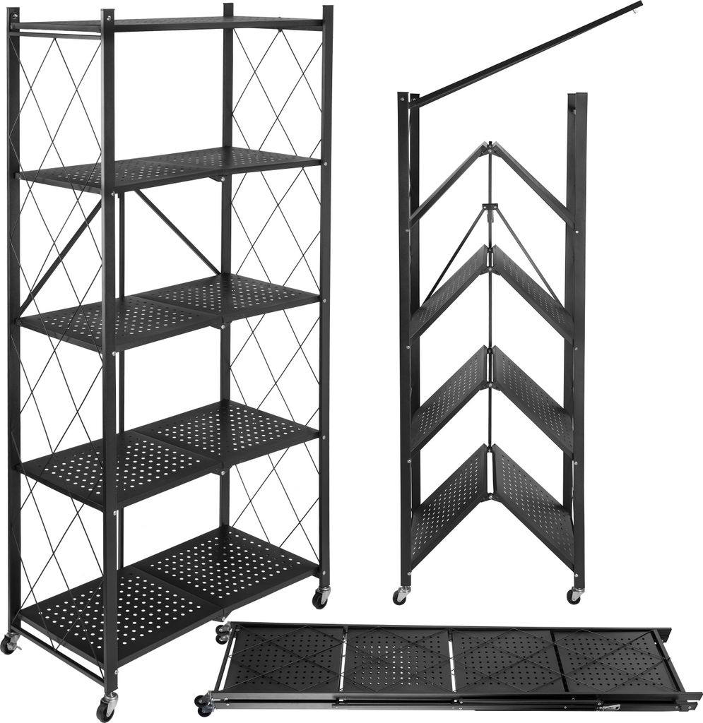 A black folding shelf unit is shown in three different configurations: fully assembled and upright, partially folded, and fully folded flat. The shelf unit has five tiers with perforated surfaces and is on wheels.