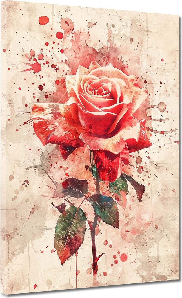 Abstrakt rote Rose in Aquarell Kunst Leinwandbild Wandbild Kunstdruck Wanddeko: 60x80x2cm