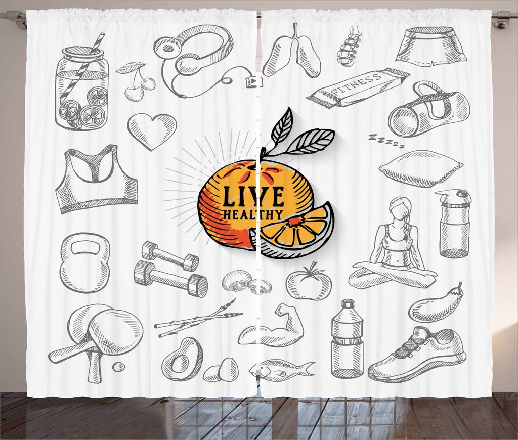 ABAKUHAUS Fitness Rustikaler Vorhang, Live Healthy Theme, Wohnzimmer Universalband Gardinen mit Schlaufen und Haken, 280 x 245 cm, Schwarz Weiß Or...