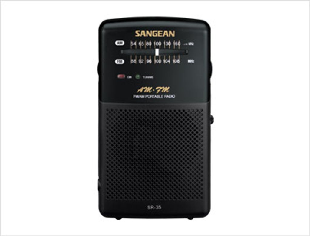 A black Sangean SR-35 AM/FM portable radio is shown against a white background.