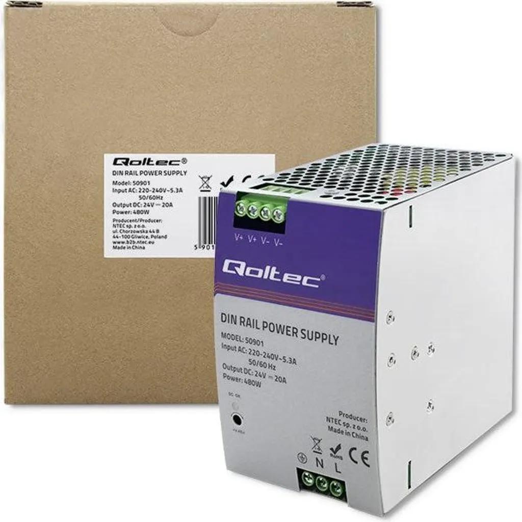 Qoltec Alimentatore Industriale 480W 24V 20A DIN Rail Serie 50901