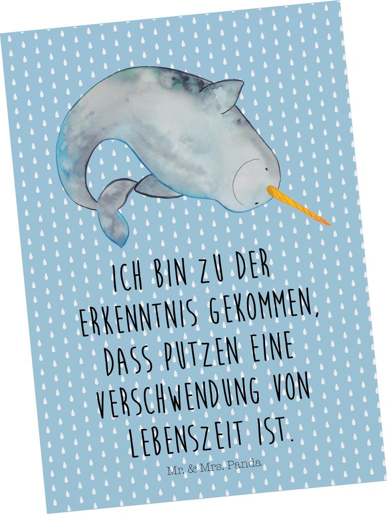 Mr. & Mrs. Panda Grußkarte Narwal - Blau Pastell - Geschenk, bildkarte, Meer, Ansichtskarte, Fotokarte, Wal, Postkarte, Hausfrau, Aufräumen, Post...