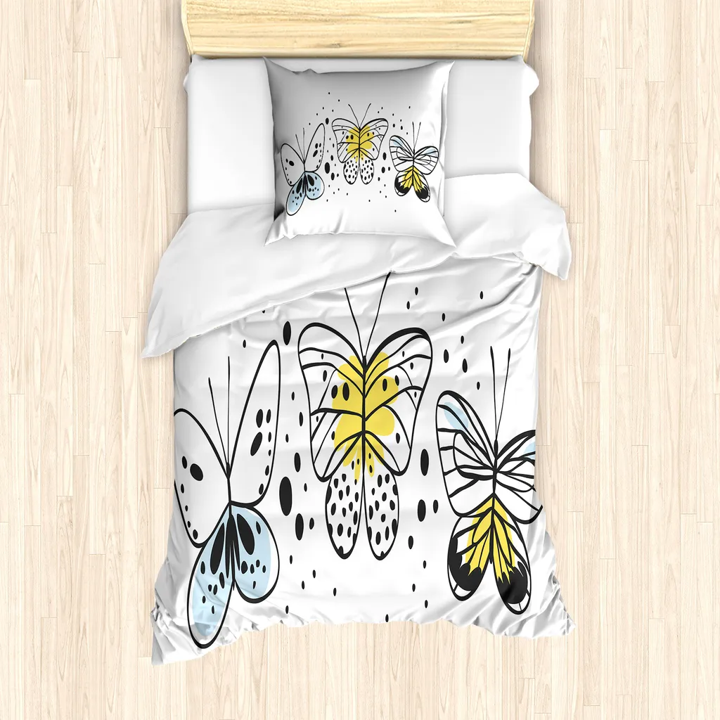 ABAKUHAUS Set copripiumino per letto singolo, farfalle, anti-acari, adatto a chi soffre di allergie, con federa, 135 cm x 200 cm - 80 x 80 cm, senape grigio antracite