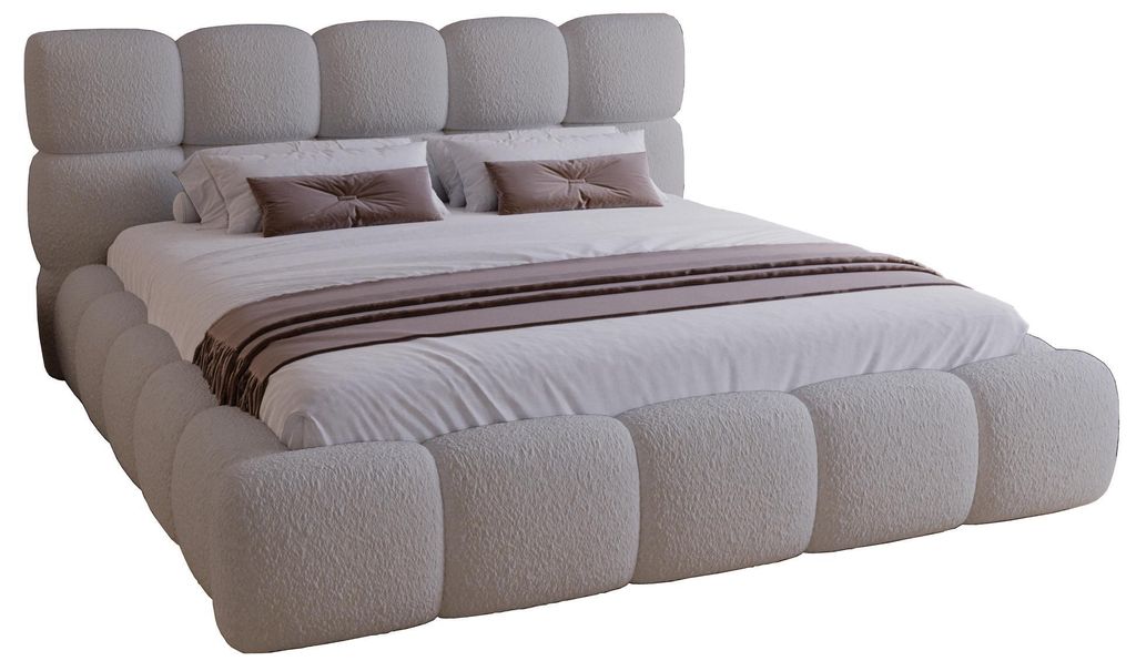 Polsterbett 180x200 mit Bettkasten Lucca - Doppelbett Bouclé, Metall Lattenrost, Dicker Schaum Hellgrau