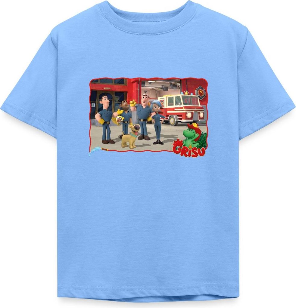 Spreadshirt Grisu Der Kleine Drache Mit Feuerwehr Und Hund Stuffy Kinder T-Shirt, 122/128 (7-8 Jahre), Himmelblau