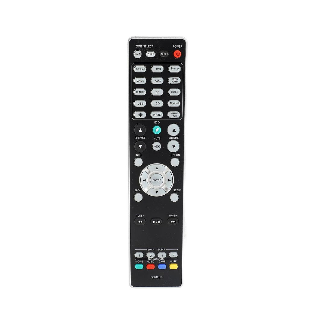 A remote control for an AV receiver is shown against a white background.