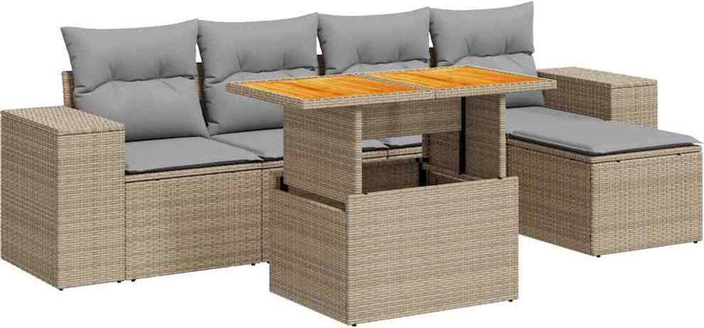 6-tlg. Garten-Sofagarnitur mit Kissen Beige Poly Rattan