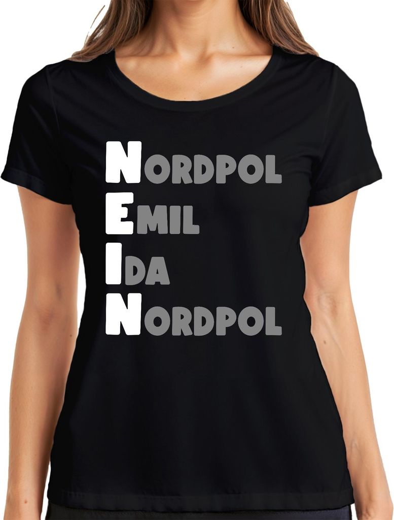 NEIN Buchstabiertafel Nordpol Emil Ida Funkalphabet Lustig Retro Damen T-Shirt, Schwarz, M