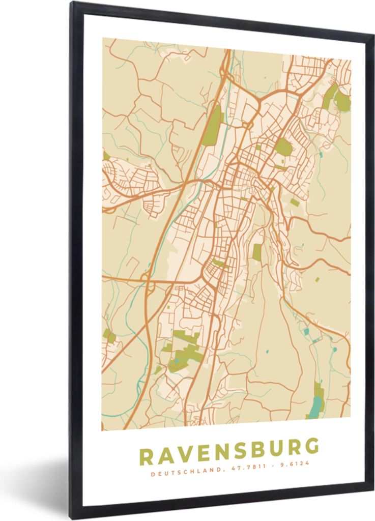 MuchoWow Gerahmtes Poster Ravensburg - Stadtplan - Vintage - Karte 20x30 cm - Poster mit Schwarzem Bilderrahmen Wandposter Rahmen Foto Bilder - D...