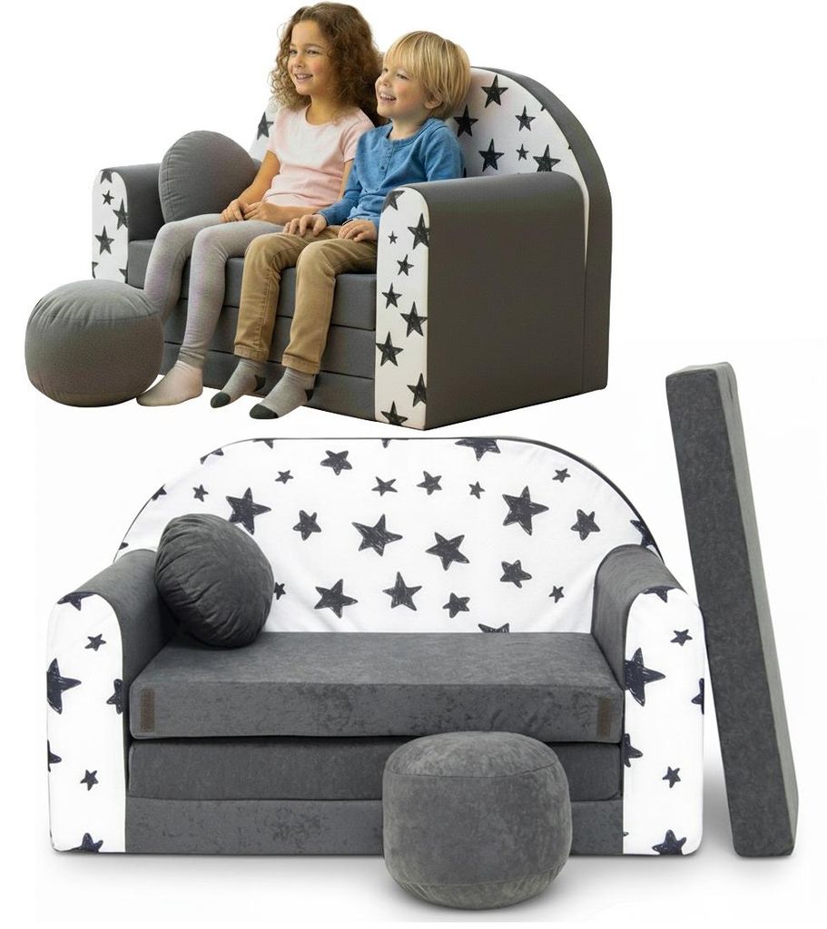 TUPPI Kindersofa Kinder Couch mit Schlaffunktion ausklappbar, 168x98cm, Set mit Kissen und Fußstütze, Spielsofa, Bettfunktion - Mädchen Jungen, ...