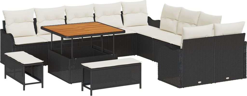 Möbel-Stil 13-teiliges Garten Sofa Set mit Kissen Schwarz Poly Rattan Akazie, 2-Sitzer Garten Sofa mit Kissen Schwarz Poly Rattan, 3-teiliges Gart...