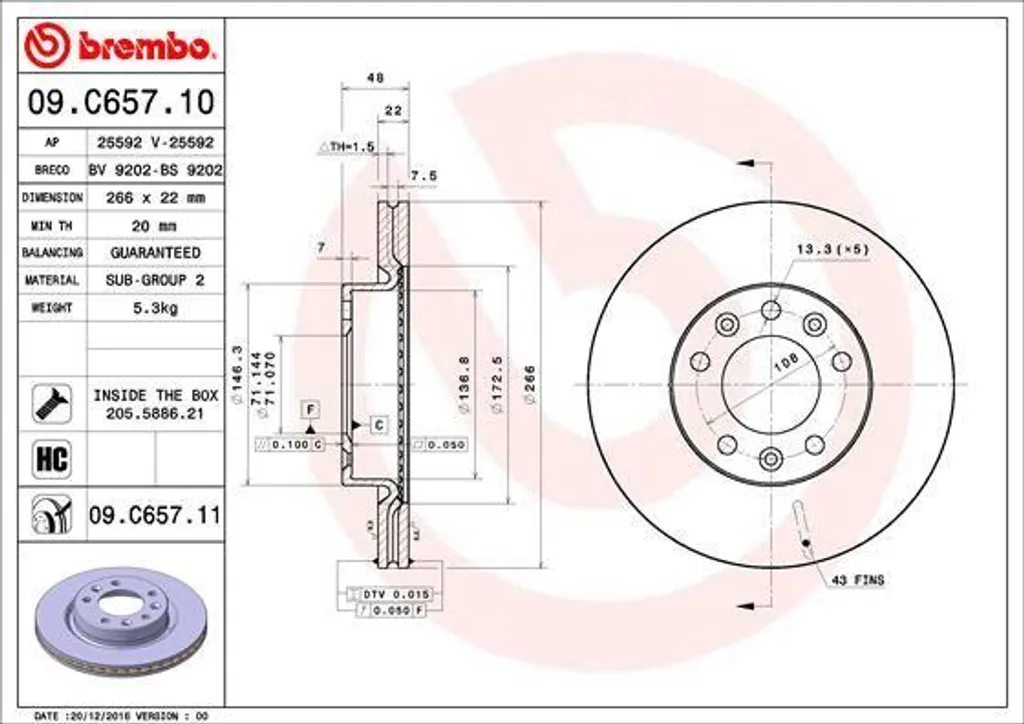 Brembo 09.C657.11 Disque de Frein OE 1642761280 pour Peugeot 308 II