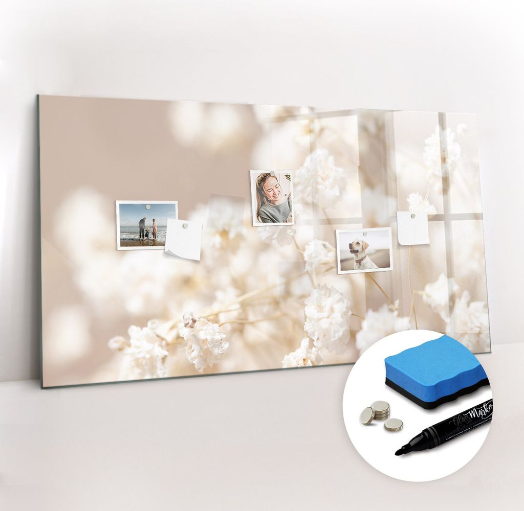 Magnetpinnwand Memoboard - Zubehörsatz - Schwarzer Marker + Schwamm + Magnete - 120 x 60 cm - Kleine weiße Blüten
