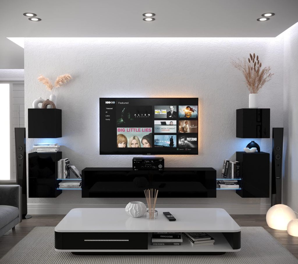 Furnitech Wohnwand Wohnzimmer - Wohnzimmer Möbel mit LED Weiß - Hängend Wohnwand Modern - Regale und TV Schrank (AN105-21B-HG1 1C)