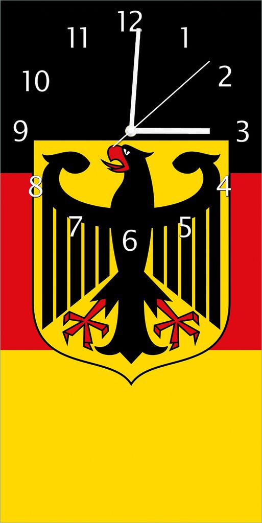 Wallario Design Wanduhr Deutsche Flagge mit Wappen aus Echtglas, Größe 30 x 60 cm