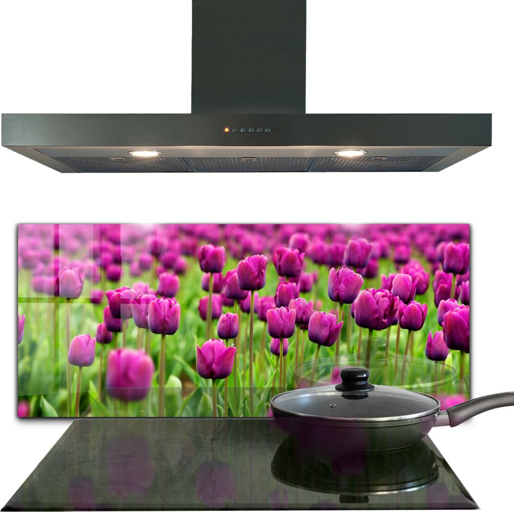 Spritzschutz aus Glas Küchenrückwand - Wandschutz für Herd und Spüle - 125x50 cm - Feld mit rosa Tulpen Wiese