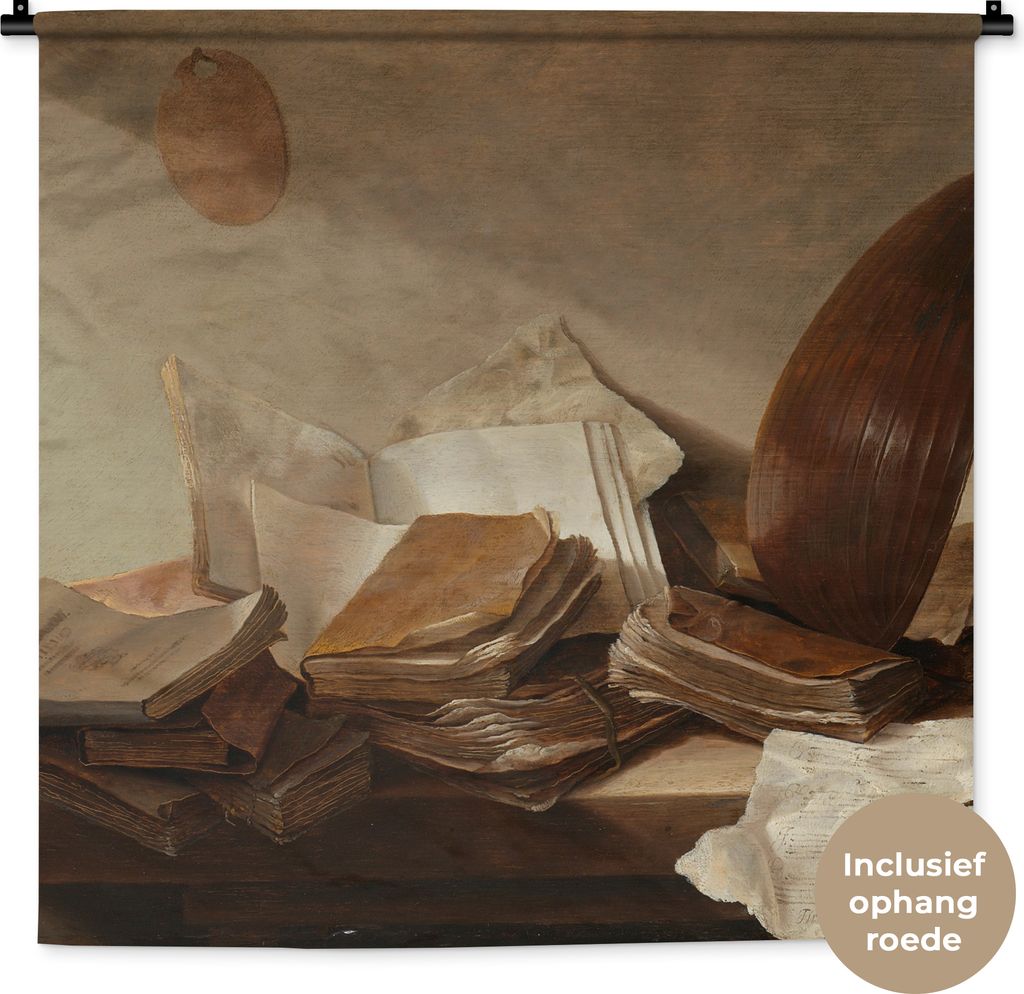 MuchoWow Wandteppich Wandbehang Stilleben mit Büchern - Gemälde von Jan Davidsz. de Heem 90x90 cm Tapisserie Dekoration Wandtuch - Wandaufhänger