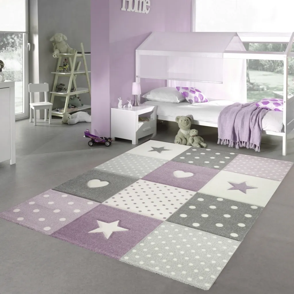 Tapis de jeu bébé épais et moelleux motifs étoiles violet gris 200x290