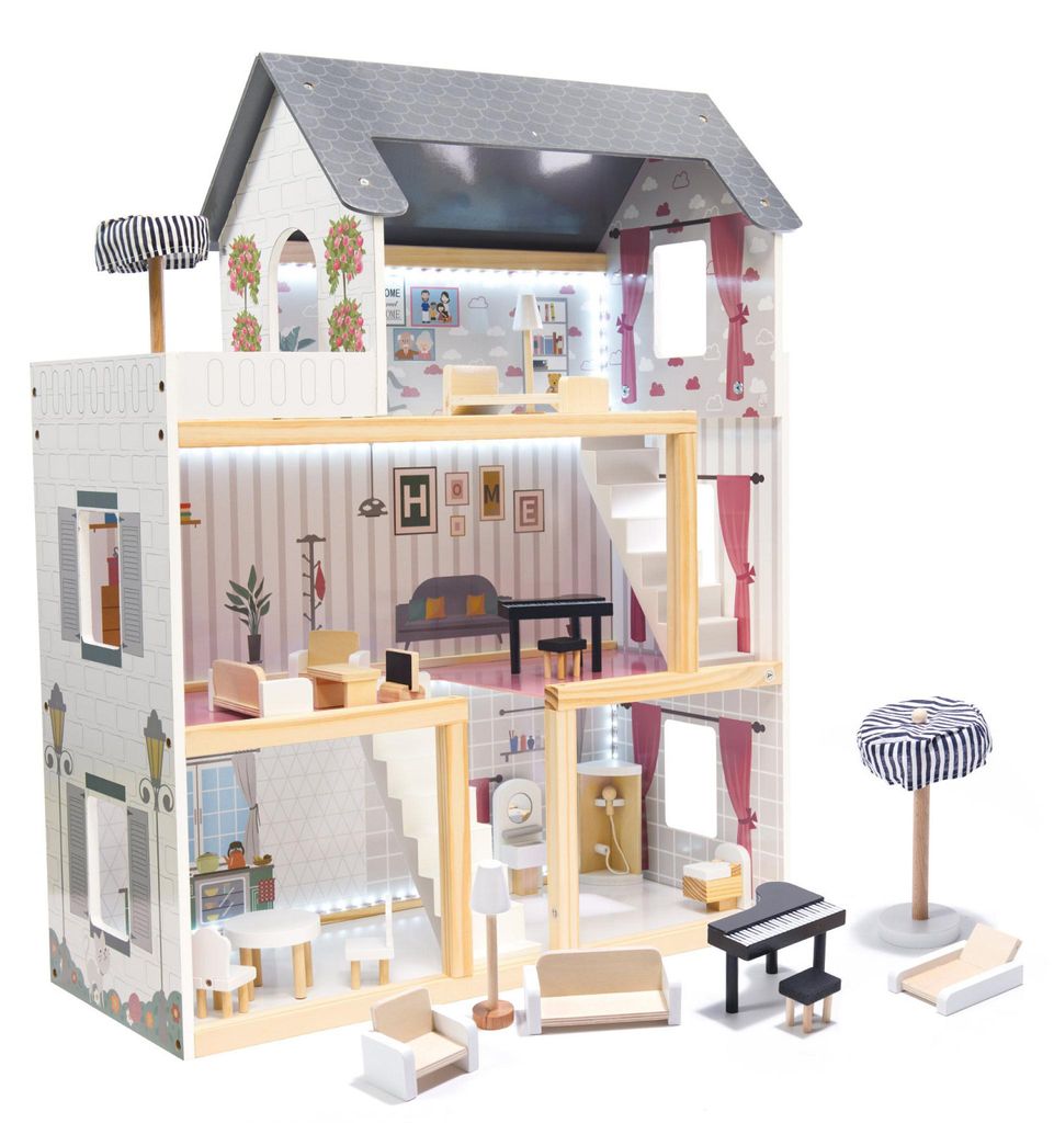 Aga MDF Holzpuppenhaus + Möbel 78cm schwarz LED Produktbild 