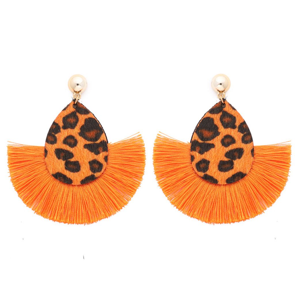 Mode Frauen Leopard Fan Quaste Lange Tropfen Ohrstecker Aussage Schmuck Geschenk-Orange