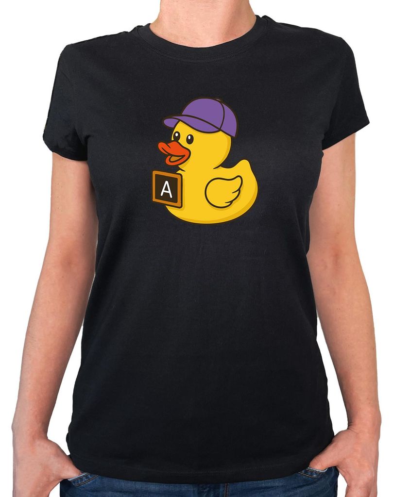 Huuraa Damen T-Shirt Quietscheente Erziehung Comic Gummiente XS Black Bio Baumwolle Fairtrade Damenshirt Geschenkidee