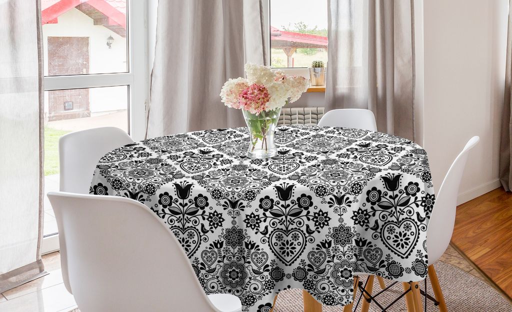 ABAKUHAUS Blumen Runde Tischdecke, Vögel Blumen und Herzen, Kreis Tischdecke Abdeckung für Esszimmer Küche Dekoration, 150 cm, Charcoal Grau Weiß