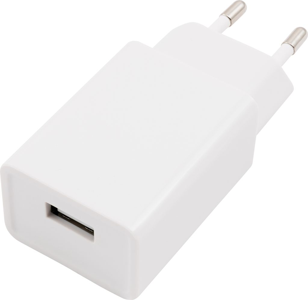 A white USB charger adapter with European-style prongs and a USB-A port.