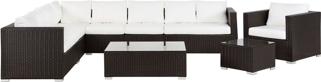 BELIANI Gartenmöbel Set Dunkelbraun Rattan u. Aluminium Modular mit 2 Couchtischen Mehrere Kissen Cremeweiß 8-Sitzer Lounge Set Terrasse Outdoor ...