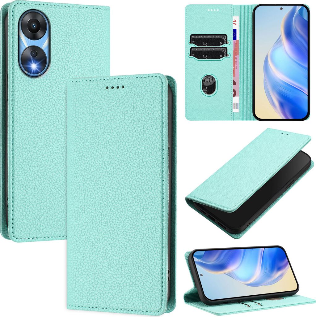 Litchi Leder Handyhülle für Oppo A78 5G Wallet Kartenfächer Standfunktion Hülle Türkis