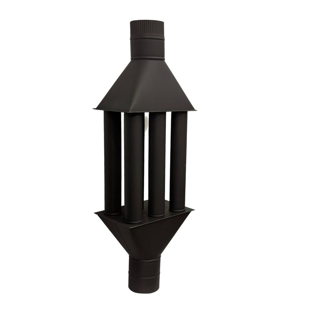 A black chimney flue adapter with multiple outlets.