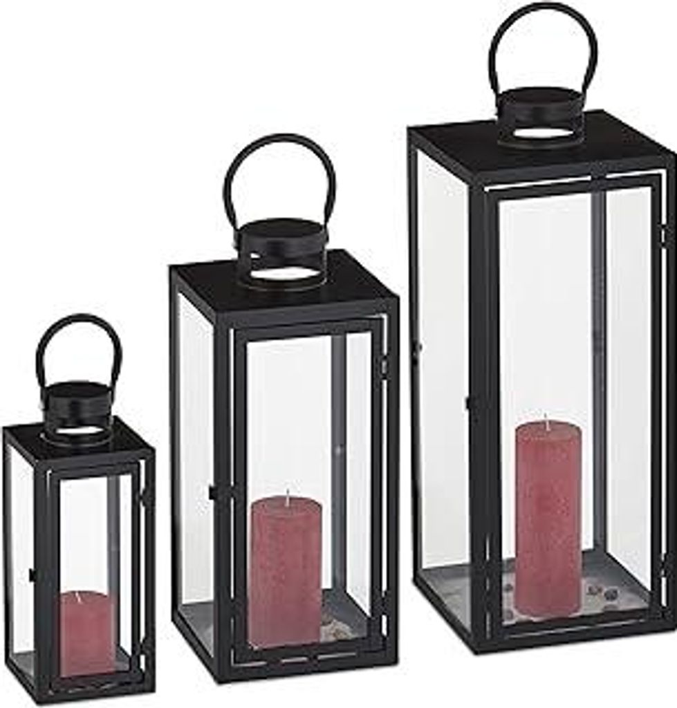 Laternen 3er Set, Deko Laternen für draußen & drinnen, 3 Größen, modern, Metall Windlicht für Kerzen, schwarz, 10034253