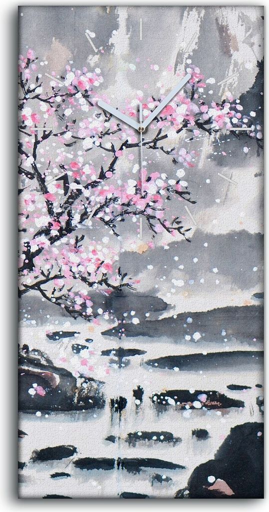 Wanduhr Leinwand Bild Uhr 30x60 Chinesisch Landschaft Kirsch Berg Baum - weiße Hände