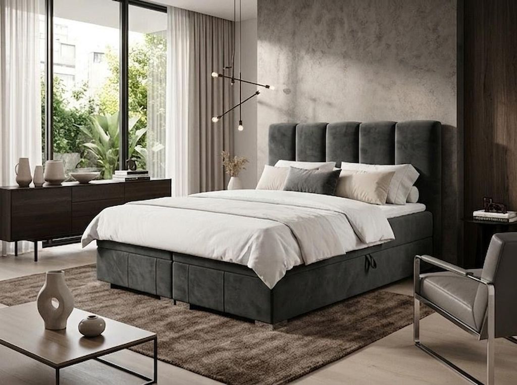 Boxspringbett OSLO 180 cm x 200 cm AMOR VELVET 21 Dunkelgrau Bett mit zwei Bettkästen und H3 Matratze,Komplett-Set mit Matratze und Topper, Doppel...