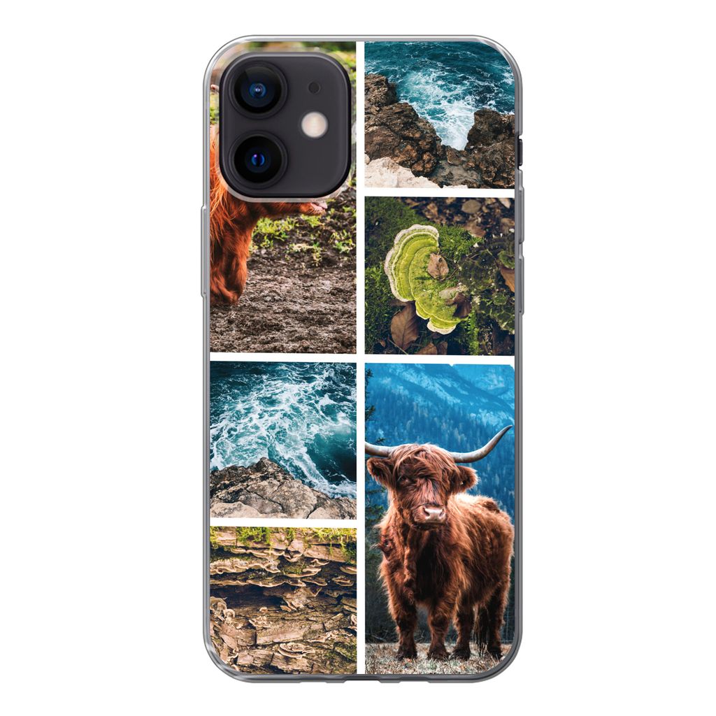 MuchoWow Handyhülle Schutzhülle Hülle für iPhone 12 Schottische Highlander - Natur - Collage Silikon Softcase Handy Hülle - Schutzhülle