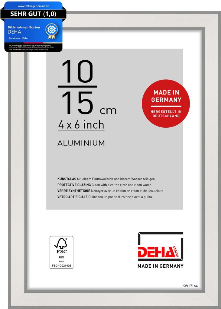 DEHA Design Aluminium Portraitrahmen, Bilderrahmen Boston, 10x15 cm, Silber
