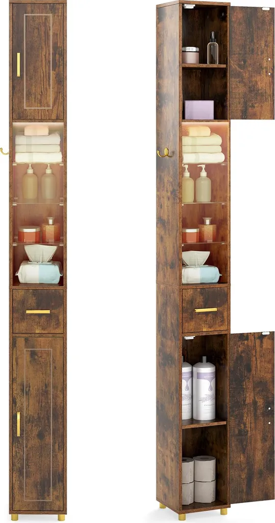 COSTWAY Armoire de Salle de Bain Haute avec Éclairage et 3 Étagères