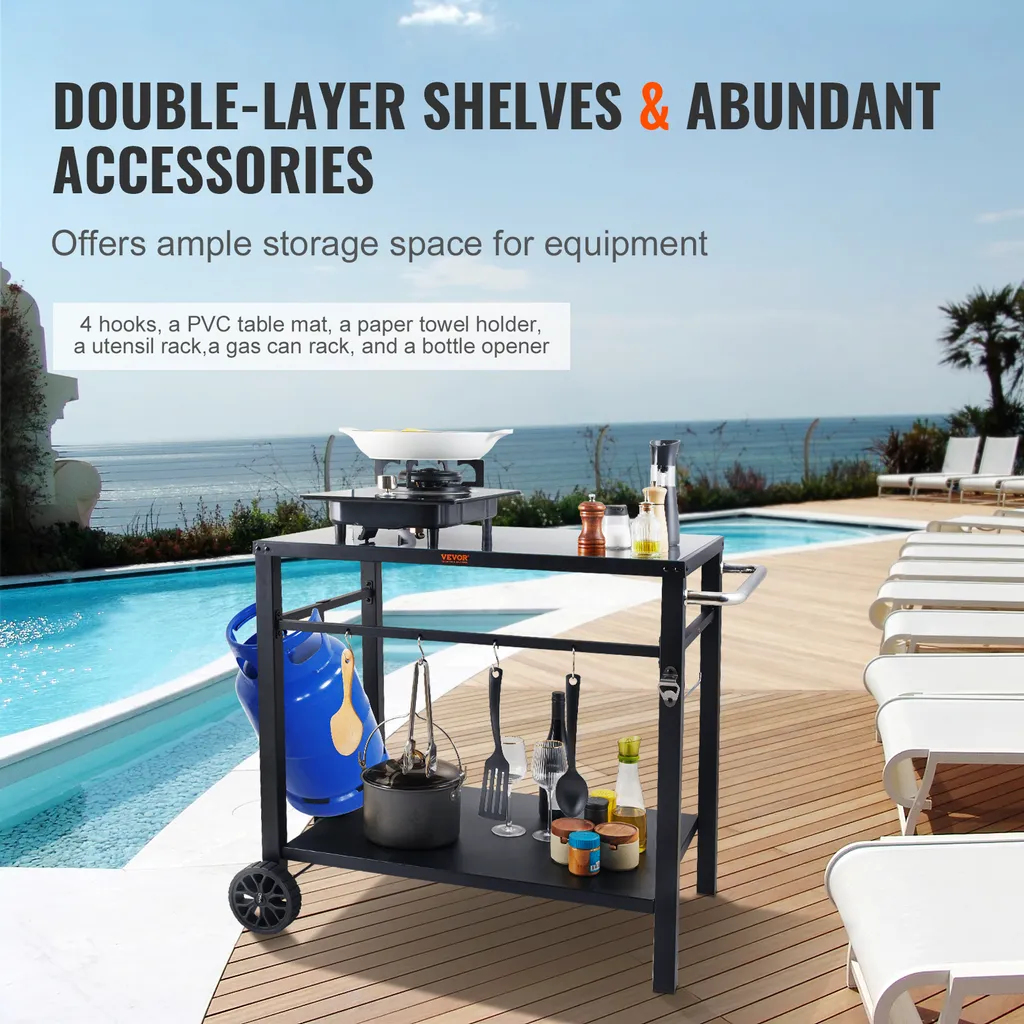 VEVOR Carrello di servizio Carrello da cucina 100 x 64 x 83,5 cm Carrello da pranzo per barbecue all'aperto con doppio ripiano, Tavolo mobile da barbecue per la preparazione dei cibi, Piano in ferro multifunzionale Nero - 4